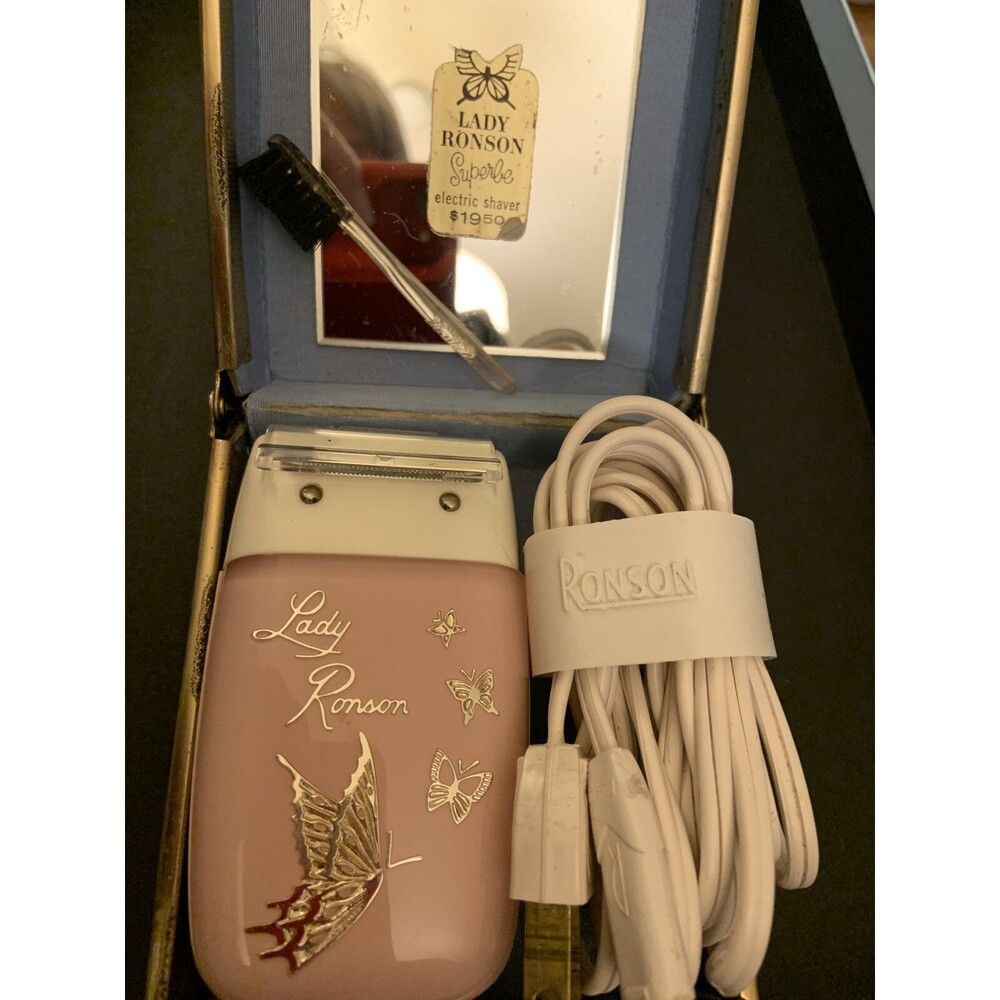 Vntg. LADY RONSON Superbe Electric Shaver Pink Butterfly 1960s Velvet Case WORKS
